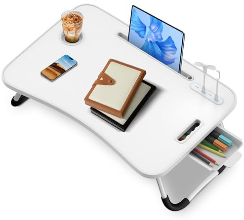 Soontrans Laptoptisch, 60 x 40 x 28 cm, Laptop Tisch mit Schublade, Getränkehalter, Kleiner Ventilator, Tablethalter, Griff, Betttisch Klappbar für Bett und Sofa, Couch, Boden, Betttablett(weiß)