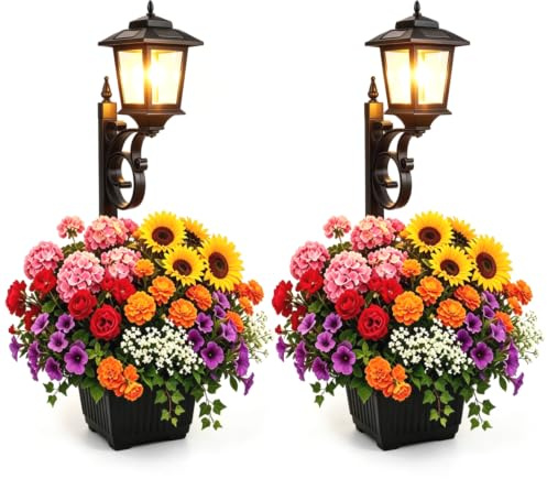 2 Pack Solar Lamp Post Light with Planter, 2 in 1 Outdoor Flower Pots, 3000K Solar Lamps Outdoor Waterproof, Wall Mount or Freestanding for Garden, Patio, Yard, Front Porch(Flowers not Included)