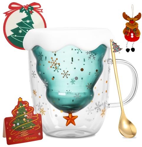 WUSUPU Tasse de Noël Verres à Double avec Sapin de Noël 3D - Tasses en Verre de 300 ml,asse à café de Noëls,incl.Tasse à café en verre à double paroi,Sous-verre,Cartes & Pendentin Renne