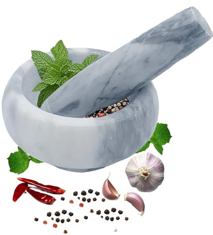 Hibuco - Mortero con maja de mármol (diámetro de 14 cm), color gris y blanco