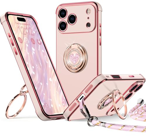 XYZ für iPhone 17 Pro Max Hülle mit Band, Rosa | Herzen Doppelring Ständer HandyHülle, Frauen Mädchen Dünn Stoßfeste Case mit Handykette, Anti Kratzt SchutzHülle