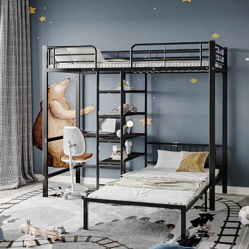 EINHOM Eisenrahmenbett 90x200 cm, Etagenbett mit Tisch und Regal, mit Fünfstufiger, Rechtwinkliger Leiter, Oberes Bett mit Vier Seitengittern, Geeignet Für Kinder und Jugendliche, Eisen + MDF, Schwarz