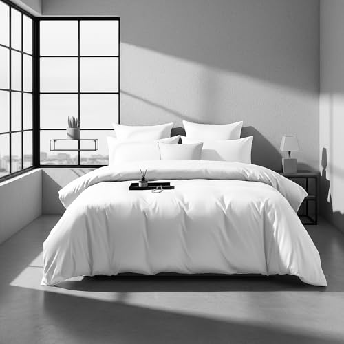 DXHOME Mako Satin Bettwäsche 135x200 weiß Uni Baumwolle Lyocell Seide Bettbezug Set 300TC Öko-Tex 100 Bettwäsche 2 Teilig für Einzelbett mit Reißverschluss und 80x80 cm Kissenbezug