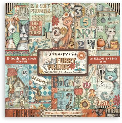 Stamperia - Scrapbook Paper Pad for Scrapbooking, Albums, Card Making, Bullet Journalling and More, Acid Free, Double-Sided, Perfect for Hobbies, Crafts, and Gifting (Furry Friends) (20.3 x 20.3cm)