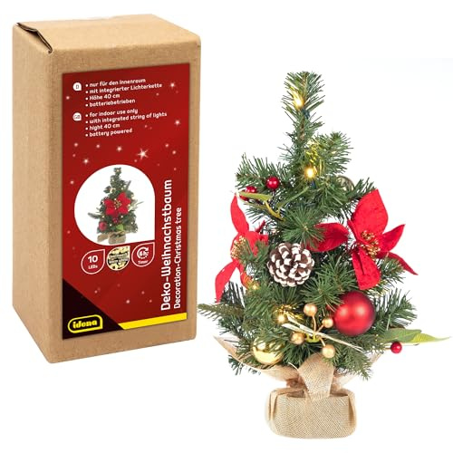 Idena 31901 Deko Weihnachtsbaum mit 10 LED in Warmweiß, ca. 40 cm | Tannenbaum mit Baumschmuck in Rot-Gold, Weihnachtsdeko für Innen, batteriebetrieben mit Timer