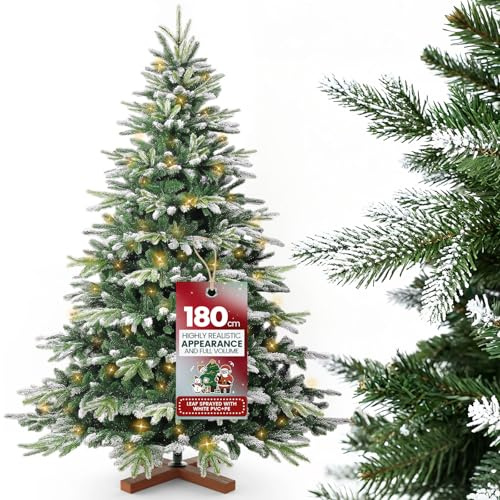 Huracan Premium Weihnachtsbaum Künstlich 180cm mit Holzständer, Künstlicher Tannenbaum mit Beleuchtung & Schnee, Nordmanntanne mit Aufbewahrungstasche, Weihnachtsbäume deko Naturgetreu, Christmas Tree