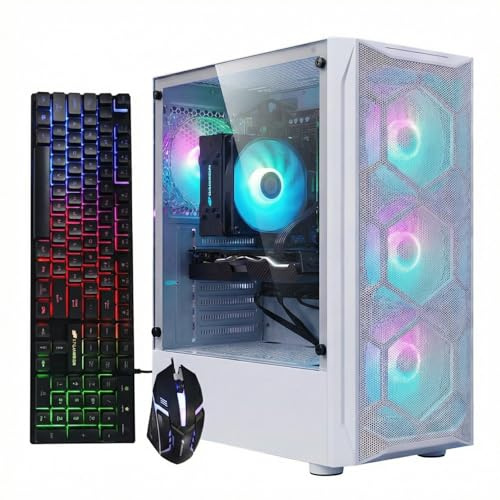 STGAubron Gaming PC Desktop Computer, Intel Xeon E5 2.5G up to 3.3GHz, Radeon RX 590 8G, 32GB RAM, 1TB SSD, WiFi, BT 5.0, RGB Fan x4, Windows 11 Home,White