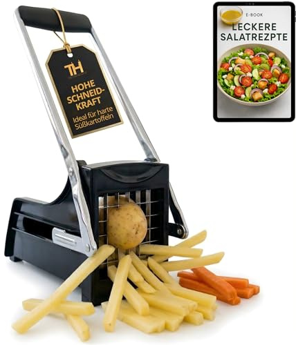 Thiru Premium Pommesschneider mit starker Schneidkraft - Note sehr gut - 100 Tage testen - Kartoffelschneider & Gemüseschneider für Pommes, Süßkartoffeln & Obst - mit 2 Edelstahlklingen & Saugfuß