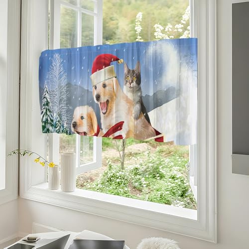 Fasbuy Weihnachten Scheibengardine Küchengardinen Bistrogardine 1 Stück, Wohnzimmer Küche Kurzgardinen kurz mit Stangendurchzug für Cafe Fensterdeko (Katzen und Hunde,90x60cm)