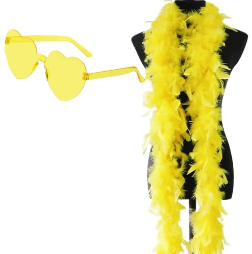 Boa di Piume, 2M Sciarpa di Piume da Donna Decorazione di Boa di Piumes Accessori Costume Set con Occhiali da Sole Accessori per Feste Cosplay Dress up per Carnevale Cosplay Compleanno(Giallo)