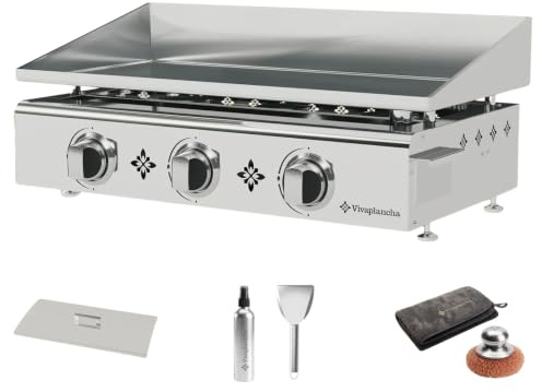 Plancha Gaz Inox Plaque inox massif 6 mm d'épaisseur Plaque de cuisson Semi Professionnelle (3 + Accessoires)