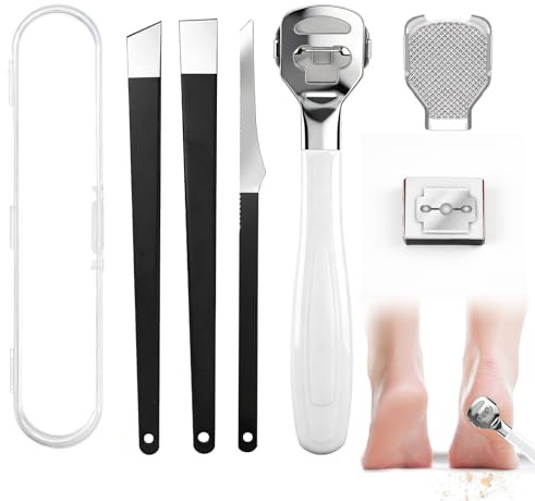 Stainless Steel Foot File Callus Remover – Pedicure Tools with 10 Replacement Heads & 3 Pack Foot Scrapers – Heel Scrubber for Dead Skin, Corns & Hard Skin – Foot Care Scraper Kit for Men & Women