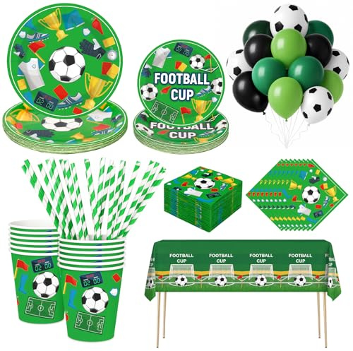 131PCS Football Party Tableware Set - 20 Guest Premium Paper Plates (9” & 7”), Cups, football balloons,Napkins & Straws & Football Print Tablecloth- Complete World Cup, Sports Theme Birthday Party Dec