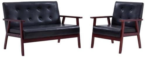 Qifoedo 2-TLG. Sofagarnitur Schwarz Kunstleder mit Echtem Holzrahmen 113,5 x 67 x 73,5 cm Komfortable Mini Sessel-Couch Kombi für Wohnzimmer, Büro, Balkon und Camping