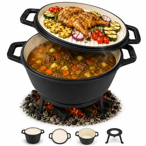 Hervidor de hierro fundido esmaltado de 8 litros con sartén para barbacoa, horno holandés, hervidor húngaro, barbacoa, camping, hoguera, barbacoa, tres patas, cacerola para exteriores, cacerola