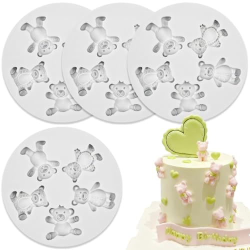 DIELOVEHUA 4 Pezzi Stampo Silicone Orso, Stampini in Silicone per Fondente, Mini Stampo a Forma di Orso, Stampi Decorativi Perfetti per Decorazione di Torte, Biscotti, Cioccolato, Gommose Dolci