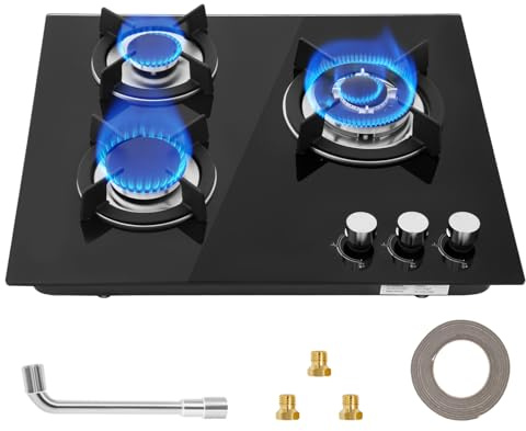 Plaque de cuisson 3 feux à gaz, plaque de cuisson à gaz encastrable en verre, plaque de cuisson avec protection automatique de la flamme, avec supports en fonte, gaz naturel et gaz propane