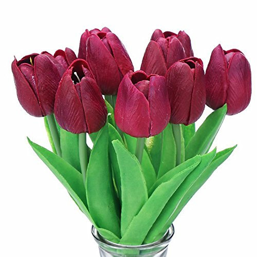 Turelifes - tulipani artificiali a stelo singolo, sembrano veri al tatto, in poliuretano, bouquet di tulipani per la decorazione della casa, 10 pezzi Purple