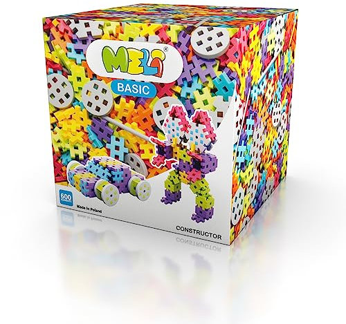 Meli Konstruktionsbausteine Basic Constructor 600 | Steckbausteine für Kinder ab 3 Jahre | Mit Rädern & Spezialteilen | 600 Teile in 6 Farben | Fördert Motorik & Fantasie