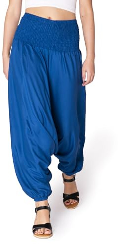 PANASIAM Aladinhose Damen einfarbig 2in1 als Haremshose & Jumpsuit tragbar | leichte Sommerhose, 100% Viskose, Yogahose mit tiefem Schritt, elastischer Bund, Pumphose ideal für Strand, Freizeit & Reise