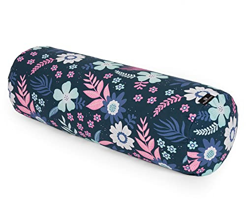 Yoga Studio Nackenrolle aus Bio-Buchweizen, 23 cm x 61 cm, Buchweizen-Yoga-Nackenrolle mit blauen Blumen, leichte Nackenrolle, Bezug aus Bio-Baumwolle
