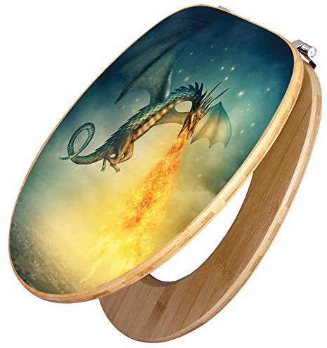 banjado Design WC Sitz Bambus 45x37,5cm / Toilettendeckel Holz/hochwertiger Toilettensitz/Bambus-Toilettendeckel für alle gängigen Toiletten - Drachen