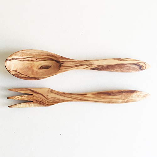 generisch Lot de 2 Couverts à Salade - Longueur au Choix - Cuillère à Salade - en Bois d'olivier - Fait à la Main, Bois d'olivier, Marron, Klein: 25 cm