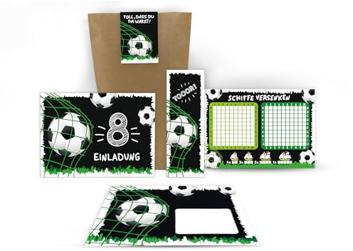 Junaversum 12 Einladungskarten zum 8. Kindergeburtstag achte Geburtstag Jungen Fussball Fußball incl. 12 Umschläge, 12 Tüten, 12 Aufkleber, 12 Lesezeichen, 12 Schiffe versenken