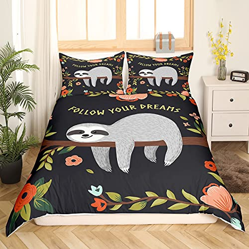 Faultier Bettbezug Set 155x220, Niedliche Karikatur Faultier Bettwäsche Set Kinder Mädchen Jungen Weiche Bettdecke Set Schöne Tier Botanisch Blumen Tagesdecke für Jungen Kinder, 1 Kissenbezug