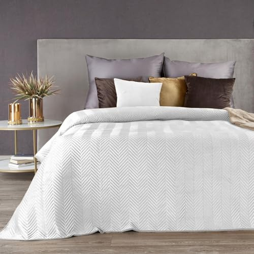 Eurofirany Zweiseitige Tagesdecke aus Samt & Mikrofaser, gesteppt – Für Bett & Sofa Sofia weiß 230x260 cm
