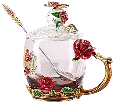 Tasse à thé en verre émaillé, ensemble saijer avec cuillère et couvercle, tasse faite à la main sans plomb, tasse en verre émaillé verre transparent pour faire du thé ou du café et boire (rouge)
