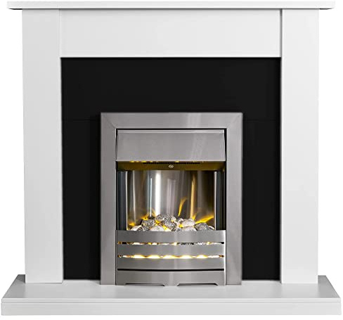 Adam Sutton Fireplace in Pure White & Black with Helios Electric Fire in Brushed Steel, 43 Inch