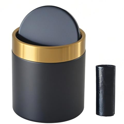 JILLICK Mini Trash Can with Lid, Black & Gold Small Desktop Trash Can, 1.5L / 0.4 Gal Tabletop Trash Bin for Desk, Coffee Bar, Nightstand, Bathroom Countertop, Home Office, 5.2 H x 4.7 D – Black