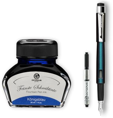 Diplomat Magnum Füllhalter-Set John Doe, Octopus Tinte und Konverter | Füllhalter mit Edelstahlfeder M, 30 ml Octopus Tinte Königsblau und Tintenkonverter