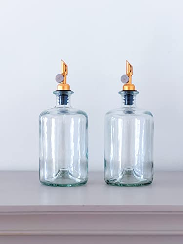 Home Tailors Oil and Vinegar Dispenser with Metal Pour Spout, Weighted Pourer, 700ml 24oz Glass Bottle Dispenser for Kitchen, Olive Oil Cruet, Glass Olive Olive Bottle, Set of 2 (Gold)
