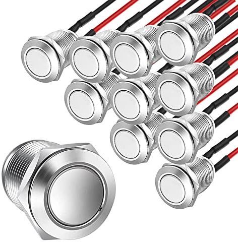 Gebildet 10 st Förtrådad Vattentät Tryckknapp Momentan Rostfritt Stål Tryckknapp På-Av 12mm 2A 12V/24V/125V/250V AC (Platt Huvud)