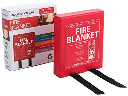 SAFE TECH Fire Blanket Emergency, 1.2m x 1.2m Suppression Flame Retardant Safety Blanket for School, Fireplace, Grill, Car