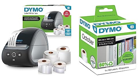 DYMO LabelWriter 550-Etikettendrucker & Etiketten | 2 x LW-Mehrzwecketiketten & Original LabelWriter-Mehrzwecketiketten/große Ordnerrücken-Etiketten | 59 mm x 190 mm