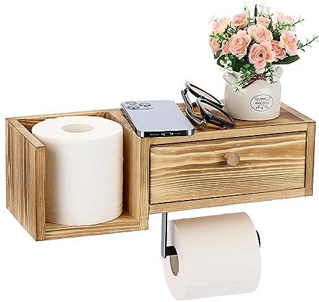BTSKY Wandmontierter Toilettenpapierhalter aus Holz mit Regal und Schublade, Badezimmer-Toilettenpapierrollenhalter mit Aufbewahrungsbox, Spender für Einweg-Wischtücher,