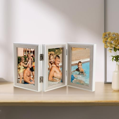 GIGIIS Dreifach Bilderrahmen 10x15 CM Klappbarer Bilderrahmen für 3 Bilder Holzrahmen für Mehrere Fotos Weißer Faltbar Fotorahmen für den Schreibtisch oder Familie Hochzeit Geschenke