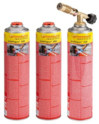 ROTHENBERGER Industrial Lötset inklusive 3 x Multigaskartusche 600 ml | Arbeitstemperatur 600°C | Arbeitszeit: ca. 2,5 h bei einer Gaskartusche | Weichlöten | Aufheizen, Auftauen & Schmelzen