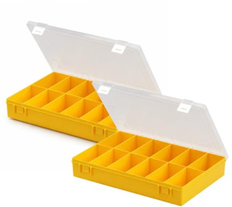 hünersdorff Sortimentskasten PP-Classic mit 12 Fächern | stabile Sortierbox für Schrauben und andere Kleinteile | feste Facheinteilung | 22,5 x 33,5 x 5,5 cm, gelb (Packung mit 2)