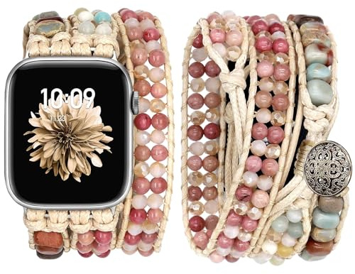 JR.DM Bohemiskt damarmband kompatibelt med Apple Watch-band 38 mm, 40 mm, 41 mm, 42 mm, 44 mm, 45 mm, 49 mm, justerbart, flera lager, handgjort flätat rep, 41/40/38/42 mm (serie 10), inte tillämpligt.