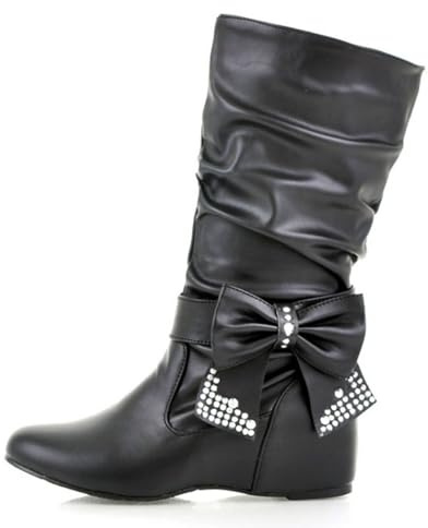 LETCLOCOM Bow Leather Mid Calf Boots For Women Elegant Low Heels Rhinestone Pointed Toe Slip On Hidden Wedge Knee High Boots Comfort Flat Heel Party Dress Booties (black,8,8)