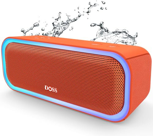 DOSS SoundBox Pro - Altoparlante Bluetooth con suono stereo da 20 W, bassi attivi extra, impermeabile IPX6, accoppiamento TWS, luci multicolori, 20 ore di riproduzione, portatile per spiaggia,