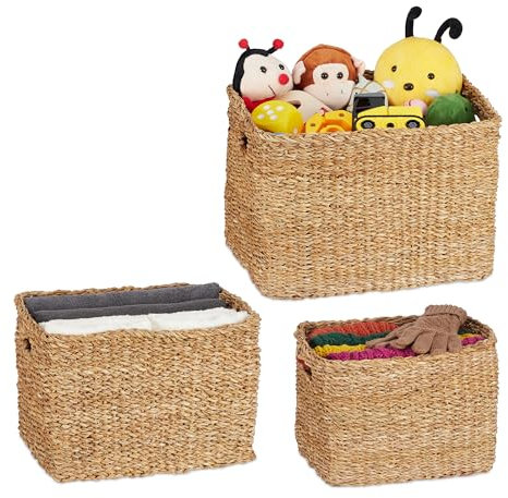 Relaxdays Aufbewahrungskorb 3er Set Seegras, Flechtkorb rechteckig, Bad Organizer, 3 versch. Größen, Regalkorb, Natur
