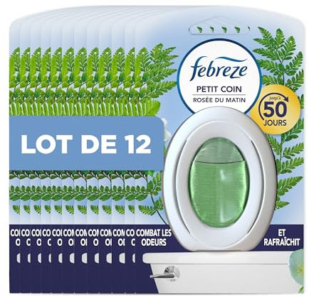 Febreze Petit Coin, Désodorisant WC En Continu (7.5ml x8), Parfum Rosée du Matin, Combat Les Odeurs en Continu, Fraîcheur Jusqu'à 50 Jours