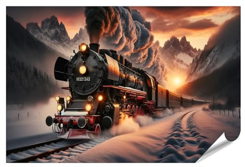 islandburner XXL Bild Poster Eisenbahnromantik im winterlichen Zauberlicht Dampflok Premium Bilder Fotodruck