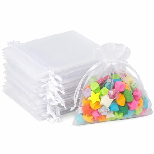 G2PLUS 100 Stück Weiß Organzasäckchen 10x12cm: Kleine Geschenk Organzabeutel, Organza-Beutelchen mit Kordelzug Sie als Hochzeit Bonbonsbeutel, Schmuckbeutel, Geschenkbeutel