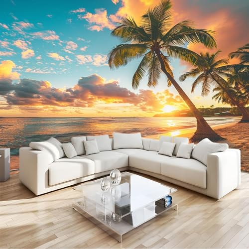 3D Wall Mural Sunset Beach Palm Trees Premium Non Woven 3D Photo Wallpaper Wall Mural, for Bedroom Living Room Decoration W350 X H256 Cm